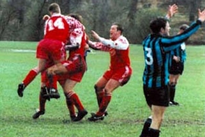 Charlie Gill gets mobbed by his team mates as he grabs injury time winner in the 1994 Sevenoaks Charity Senior Cup Final against Sevenoaks Town FC