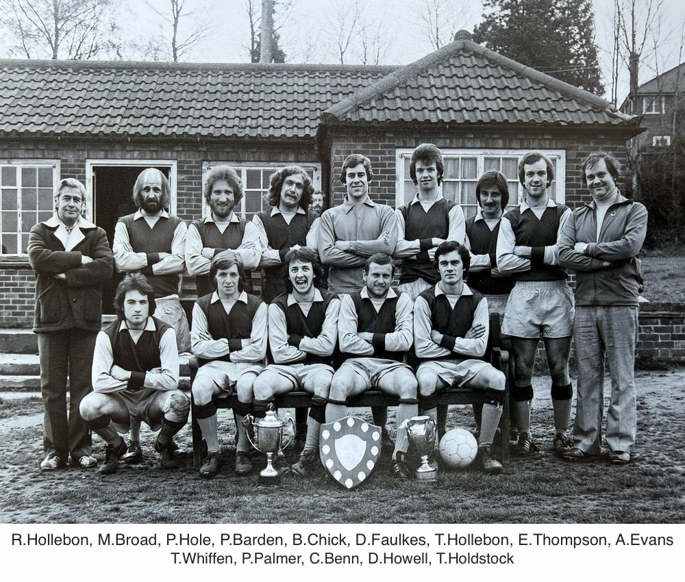 Team photo of Platt FC with Sevenoaks Premier League trophy, Fisher Shield trophy and Smiths Senior Cup
