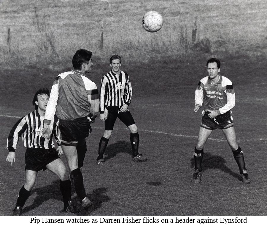 Platt's Darren Fisher flicks on a header during match at Stonehouse Field against Eynsford in 1992
