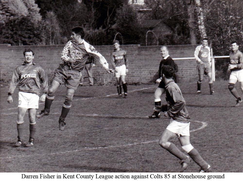 Platt's Darren Fisher leaps high to head clear against Colts 85 at Stonehouse Field in 1993
