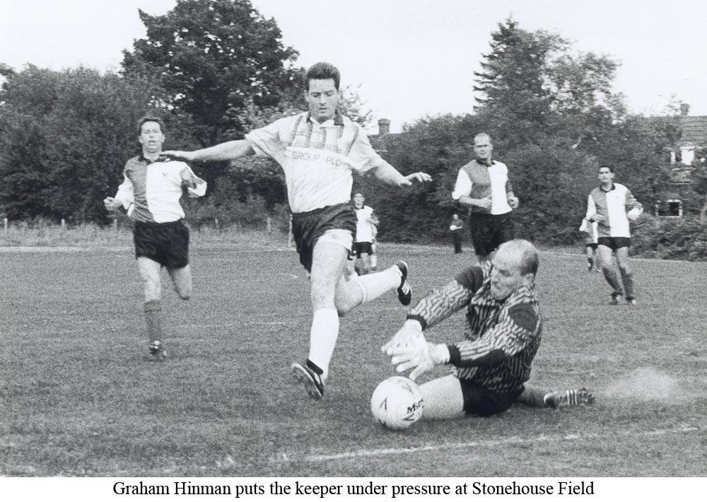 Platt's Graham Hinman puts the keeper under pressure during Kent County League game at Stonehouse Field in 1993