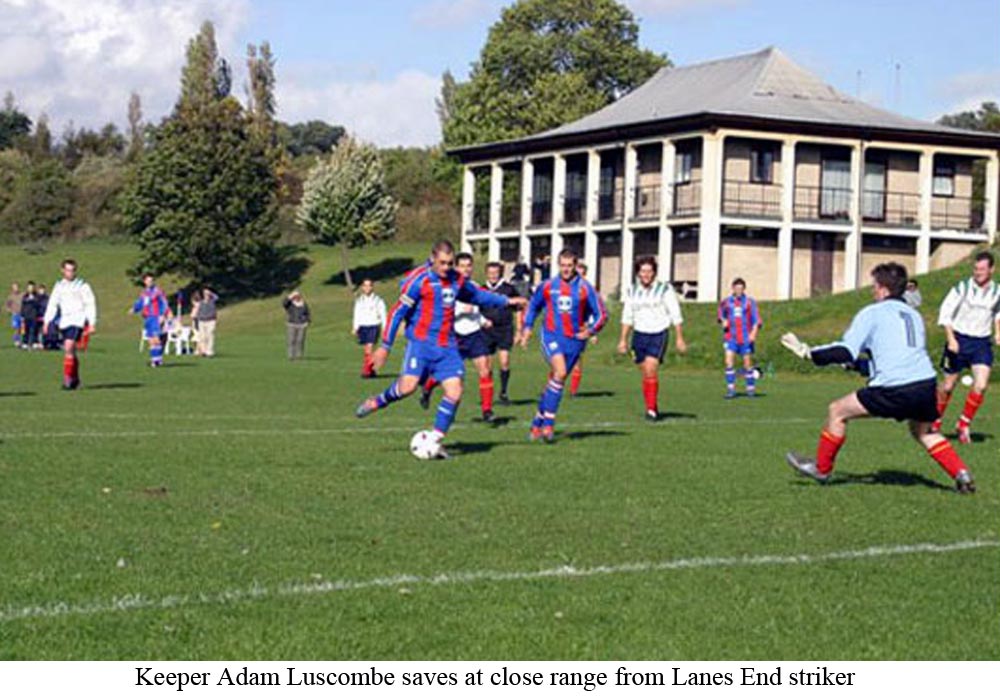 Platt keeper Adam Luscombe comes off his line to prevent a Lanes End striker scoring during a Kent County League game in 2002