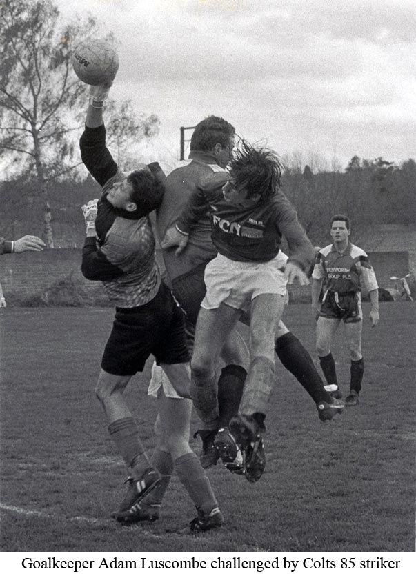Patt keeper Adam Luscombe under pressure from Colts 85 striker in 1992