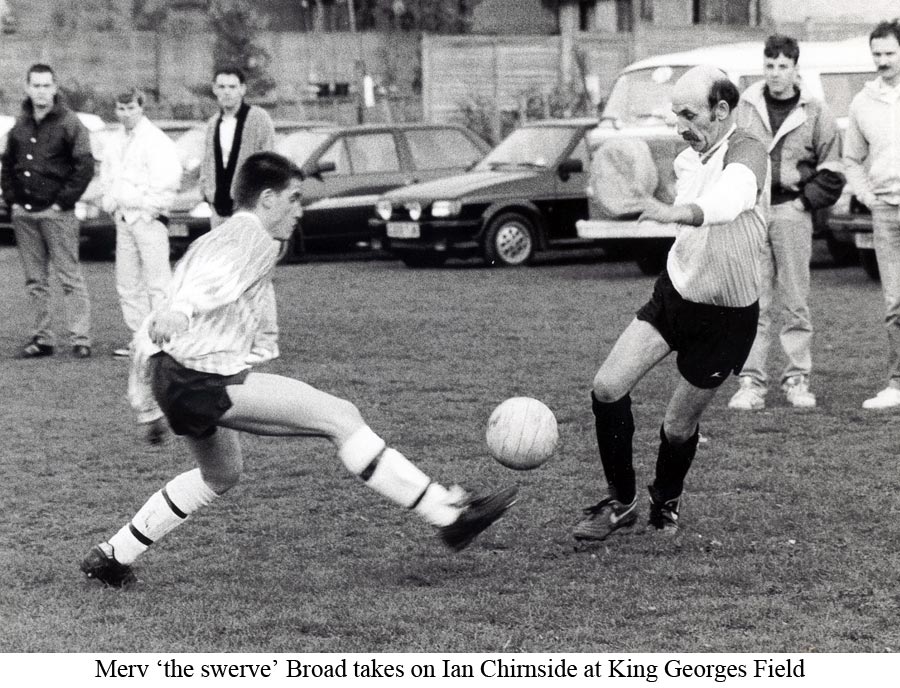 Platt's Merv 'the swerve' Broad takes on Borough Green Rangers' Ian Chirnside at King George's Field in 1991