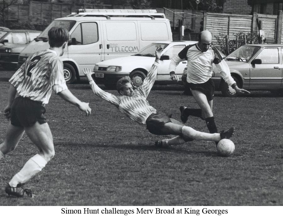 Borough Green Rangers' Simon Hunt challenges Platt's Merv Broad in 1991