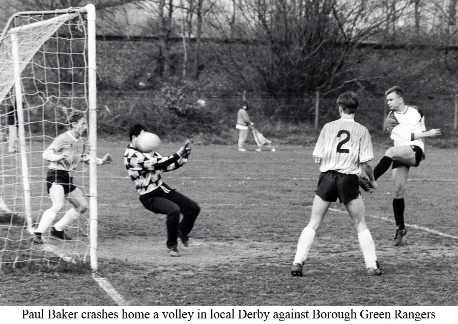 Platt's Paul Baker thumps home during local derby between Platt Reserves and Borough Green Rangers in 1991