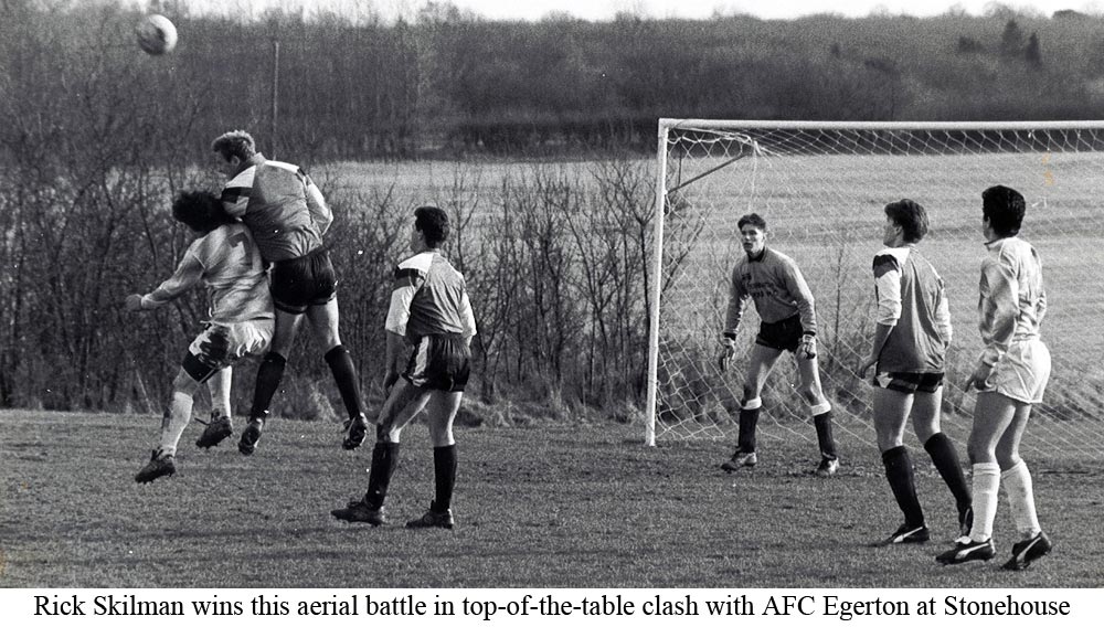 Platt's Rick Skilman heads away a threat during end of season league decider against AFC Egerton in 1993