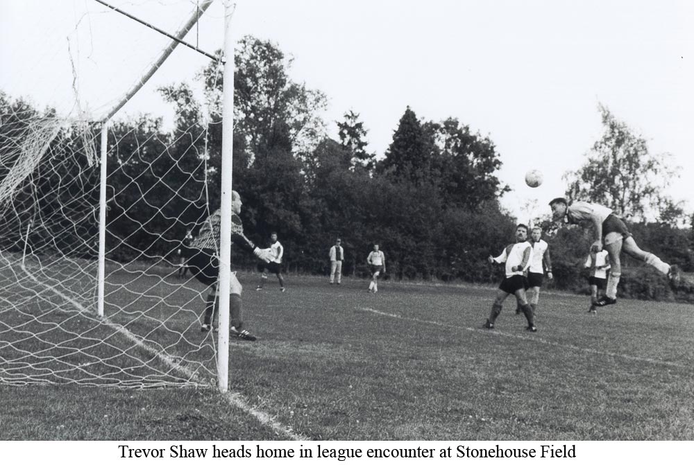 Platt striker Trevor Shaw rises high to head home a goal at the Stonehouse ground in 1993