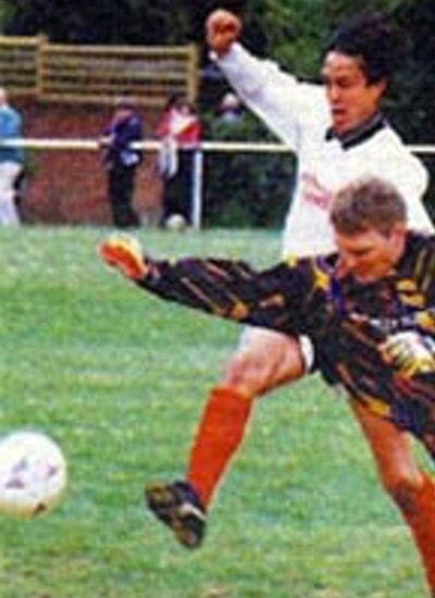 Steve (Yorkie) Davies beats Knockholt keeper to the ball in Sevenoaks Charity Senior Cup Final 1995