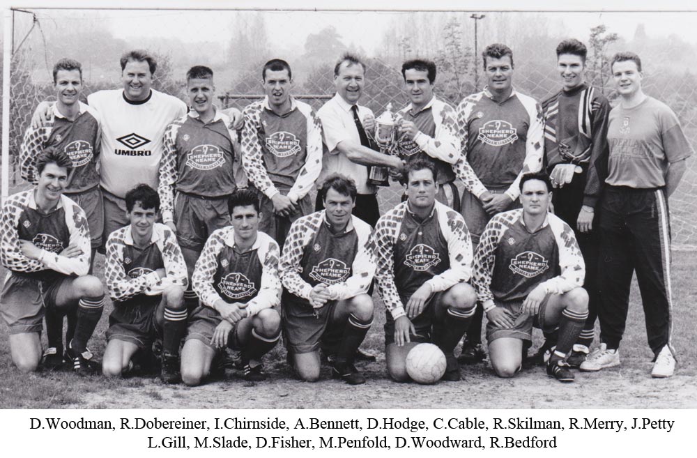 Derek Hodge presents Platt's captain Colin Cable with the Craske & Wells Memorial Cup after they defeated Leaves Green by 6-3 in the 1994 cup final