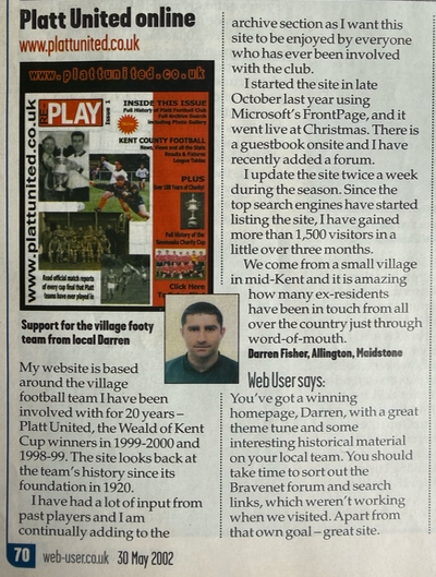 Article on Platt FC in Web User Magazine June 2002